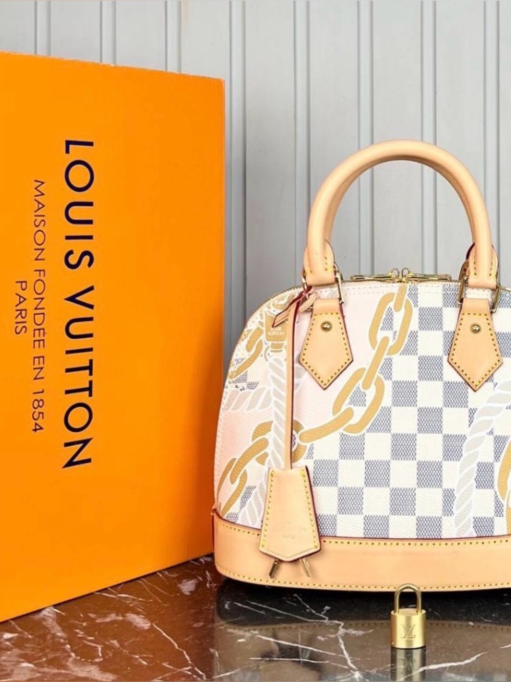 New Limited Edition Louis Vuitton White and Tan Damier Azur Alma BB with Chain